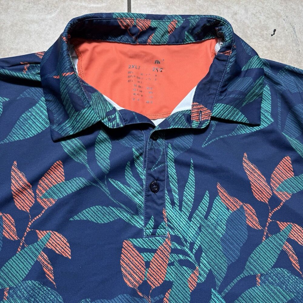 Birdie Bound Polo Shirt Mens 2XL Blue Tropical Print Golf Performance Stretch